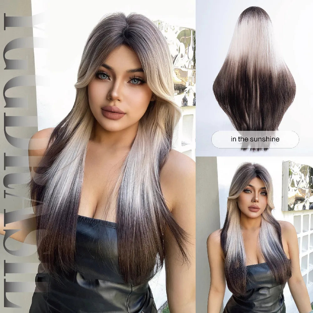 

28Inch Futuristic Brown White Ombre Synthetic Wigs Middle Part Long Natural Straight Hair Wig For Women Daily Use Heat Resistant