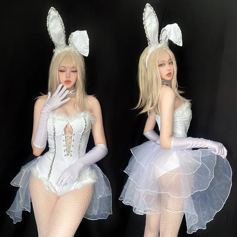 

Easter Day Sexy Bunny Girl Cosplay Costume White Jumpsuit with Rabbit Ear Hairband Suit for Women Halloween Party Outfit