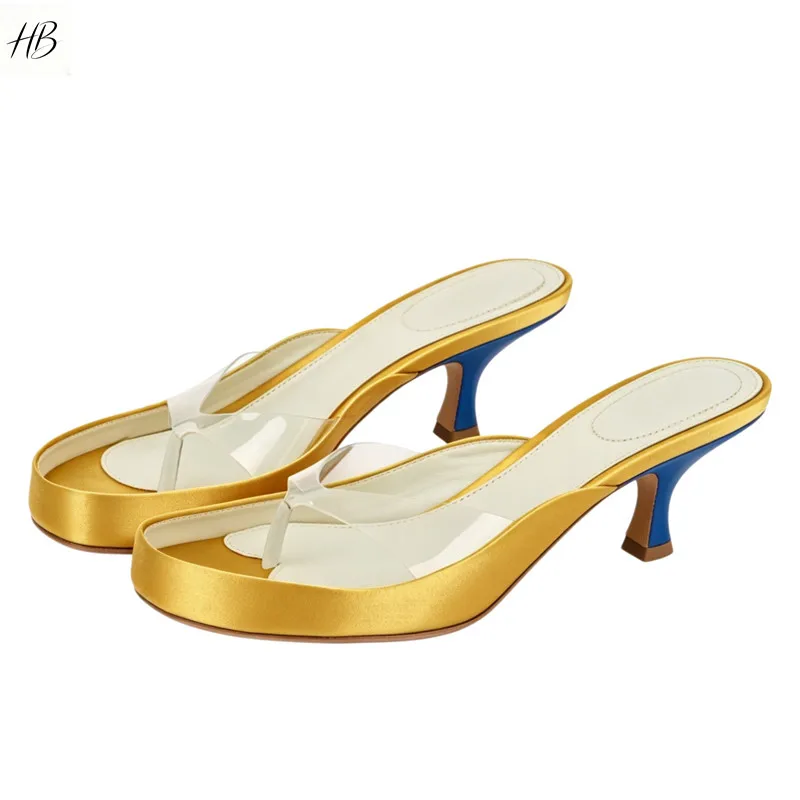 Women Fashion Summer Square Toe Backless Mules Clear Thong Strap Satin Upper Kitten Heel Slip‑on Outdoor Daily Slide Sandals