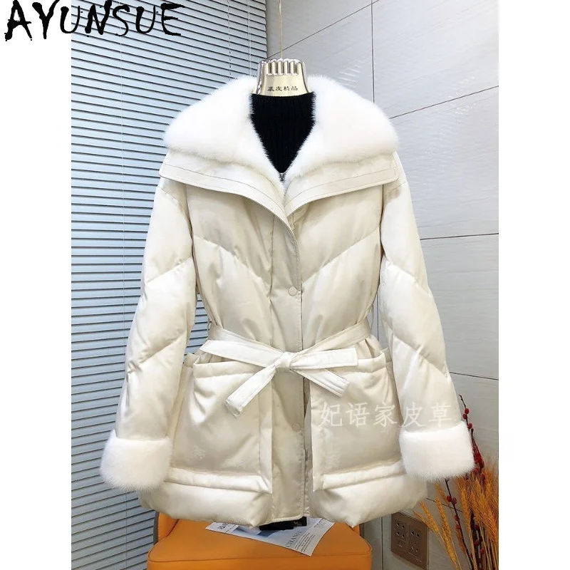 AYUNSUE 90% White Goose Down Jacket Woman Mink Fur Collar Winter Coat Mid-length Waist-cinched Down Jackets Woman Clothes Пальто