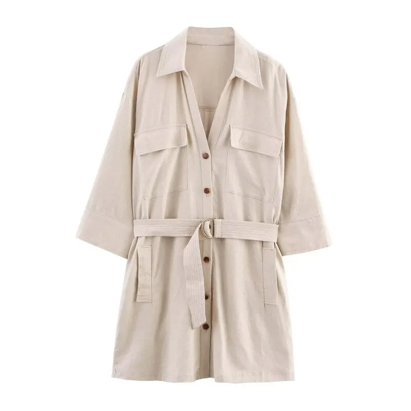 2025年夏新作 レディースファッション リネン混 ミニワンピース ベルト付き 多様なコーディネート 380939 通勤スタイル シングルピース