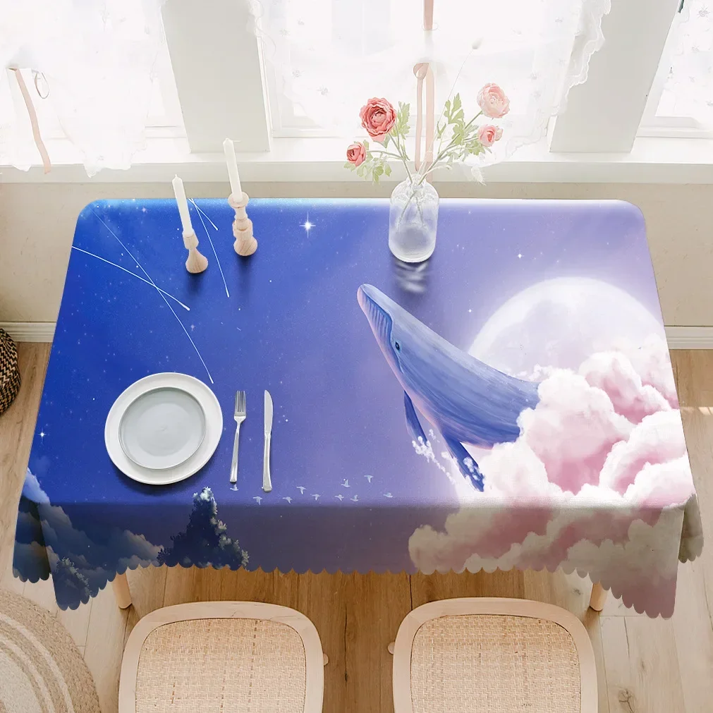 Fantasy Whale Print Rectangular Desk Table Cloth Girl Room Home Dining Table Coffee Table Decor Washable Dustproof Tablecloth