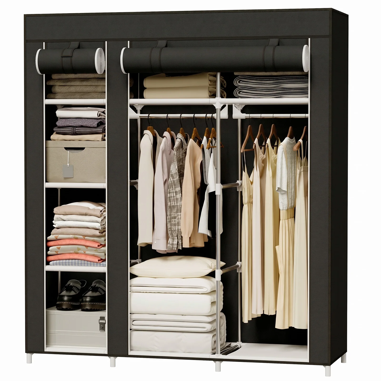 Portable Wardrobe Closet Organizer Storage Non-Woven Large Capacity with 2 Hanging Rods & 8 Storage Shelves, Waterproof & Dustproof Tool-Free Assembly for Bedroom Dorm Apartment Walk-in Closet