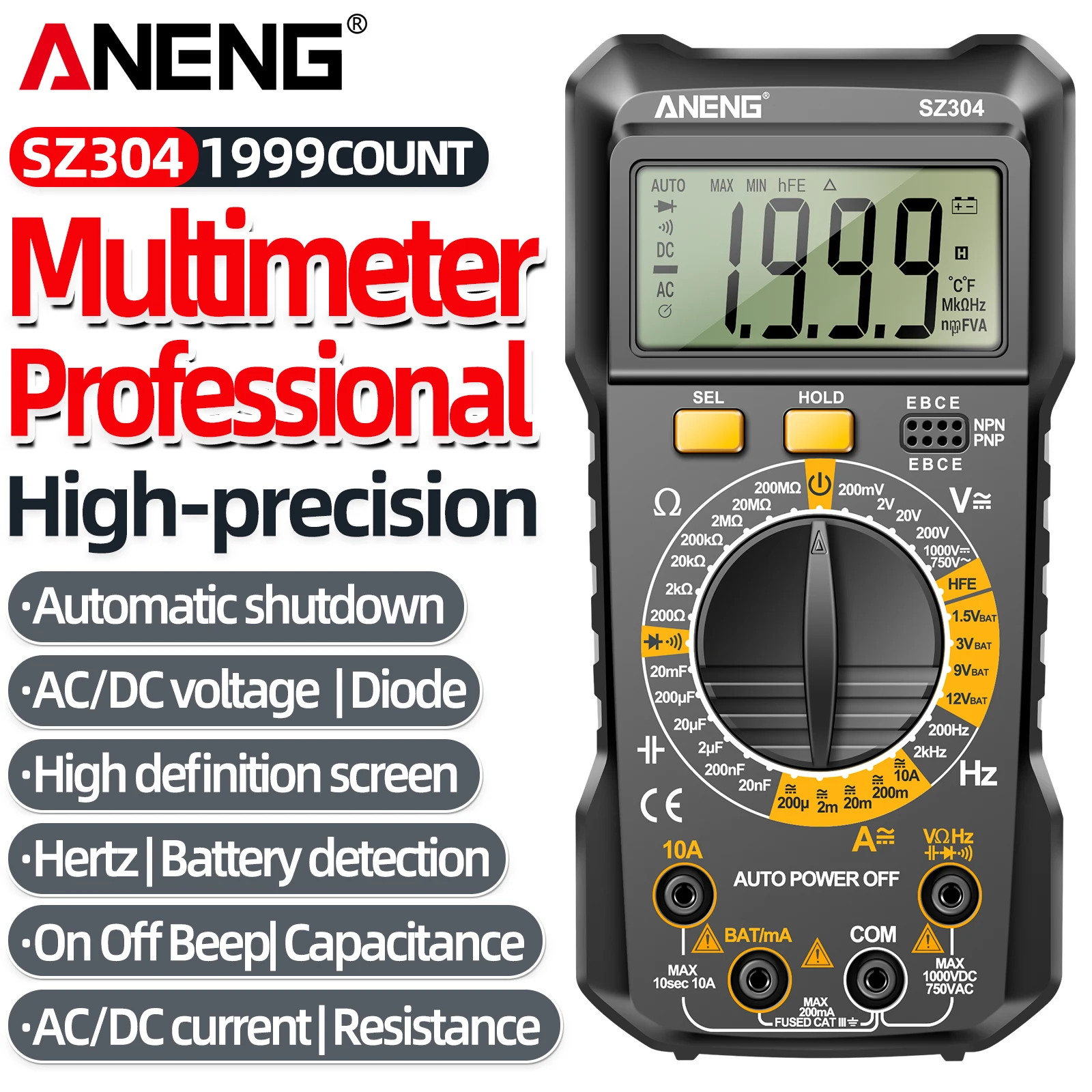 ANENG SZ304 Multitester 2000 Counts AC DC Voltage Current Resistance Capacitance Diode Triode Car Home Circuit Electric Tester