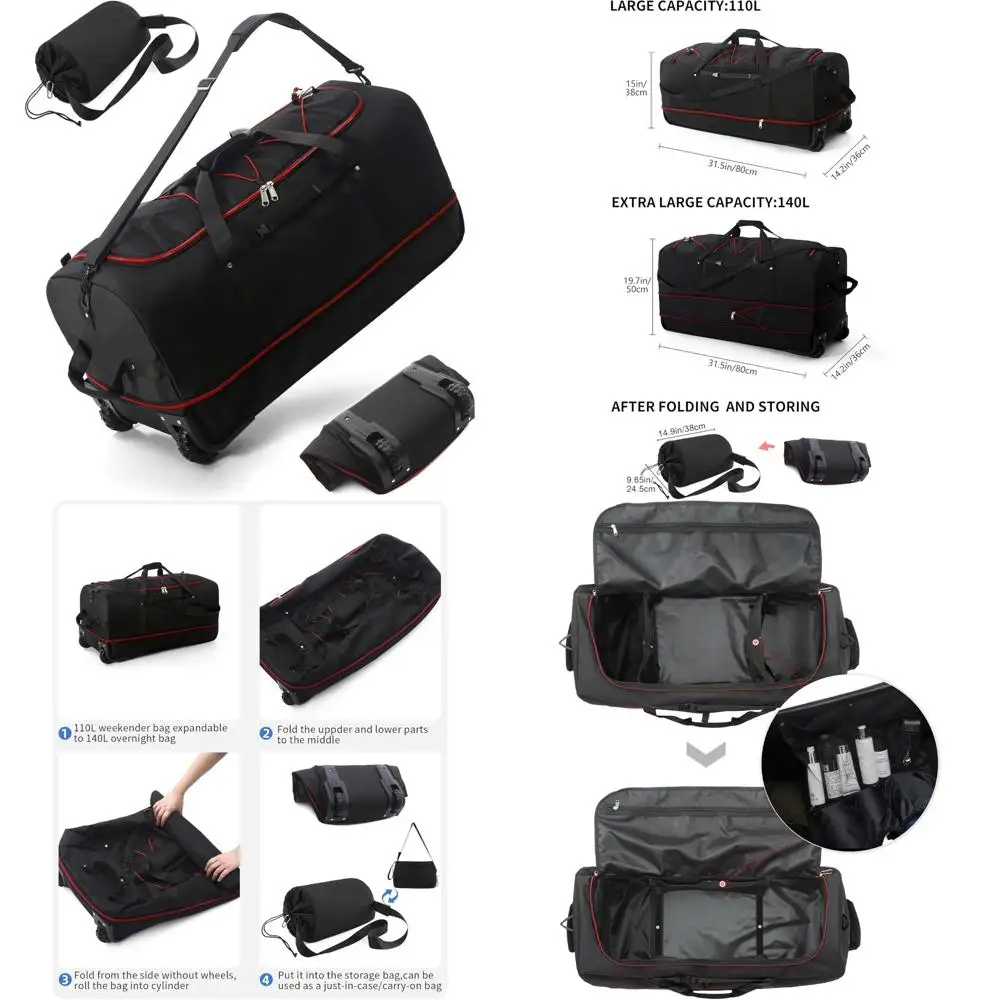 حقيبة واق من المطر قابلة للتوسيع 110 لتر - 140 لتر مع عجلات مضمنة، حقيبة سفر قابلة للتحويل في عطلة نهاية الأسبوع، نظام سلك بنجي، سعة كبيرة f