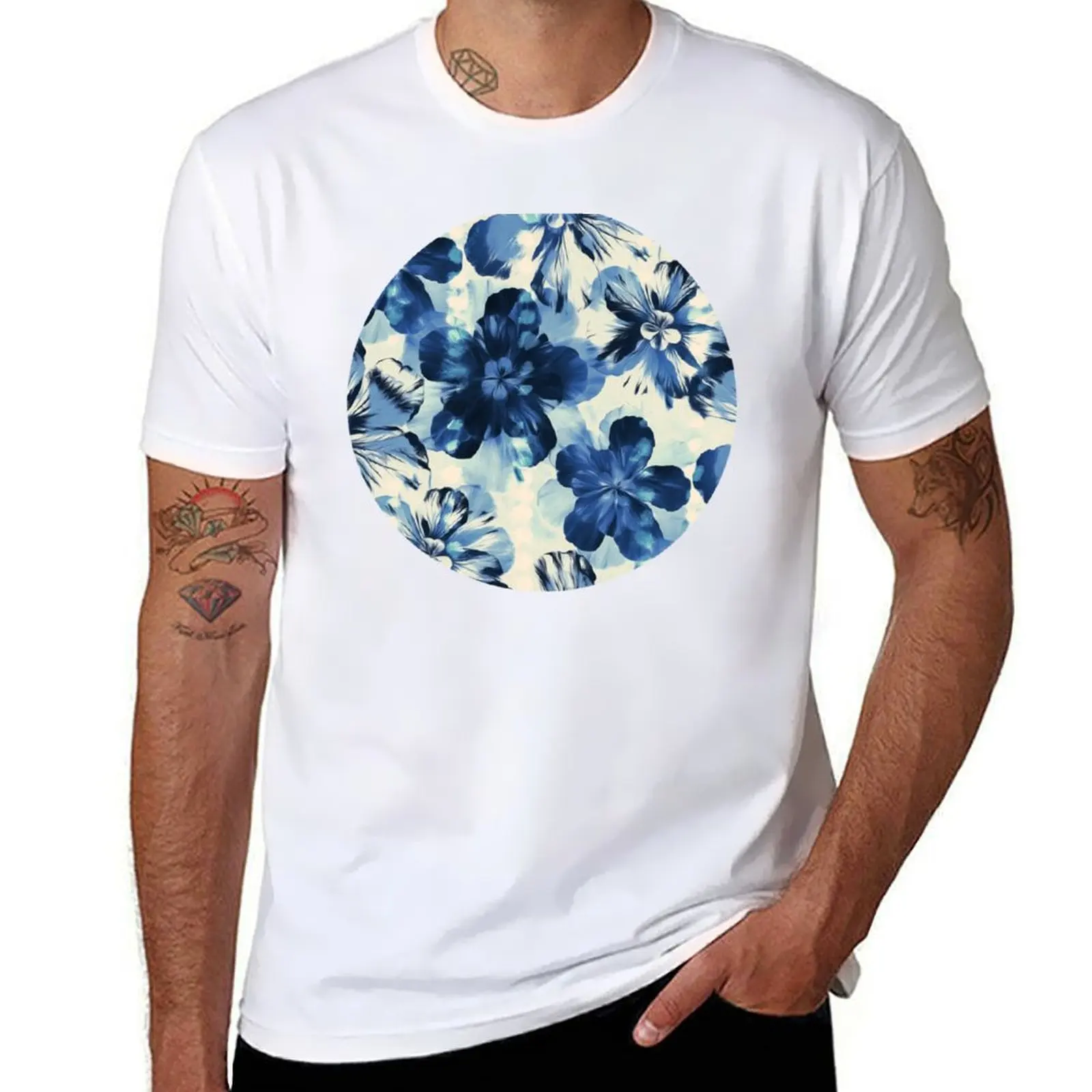 Camiseta Shibori Indigo Oversized con Estampado Floral, Camiseta Deportiva Ligera Básica