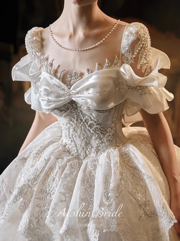 Luxury Wedding Dress Pearl Sequins Short Sleeve Beading Embroidery Ruffle O-neck Dubai Arabic Lace-up High-end Ball Bride Gowns