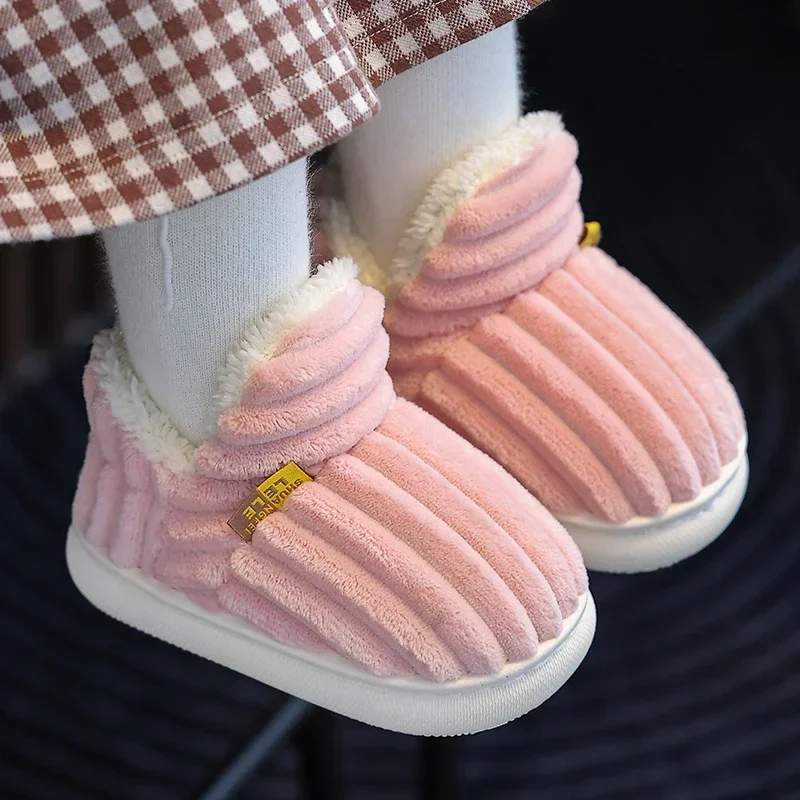 Neue Winter Concise Streifen Plüsch Hausschuhe kinder Nicht-slip Weiche Sohle Kinder Jungen Mädchen Ferse Wrap Warme Hohe hause Baumwolle Schuhe – Detail 15