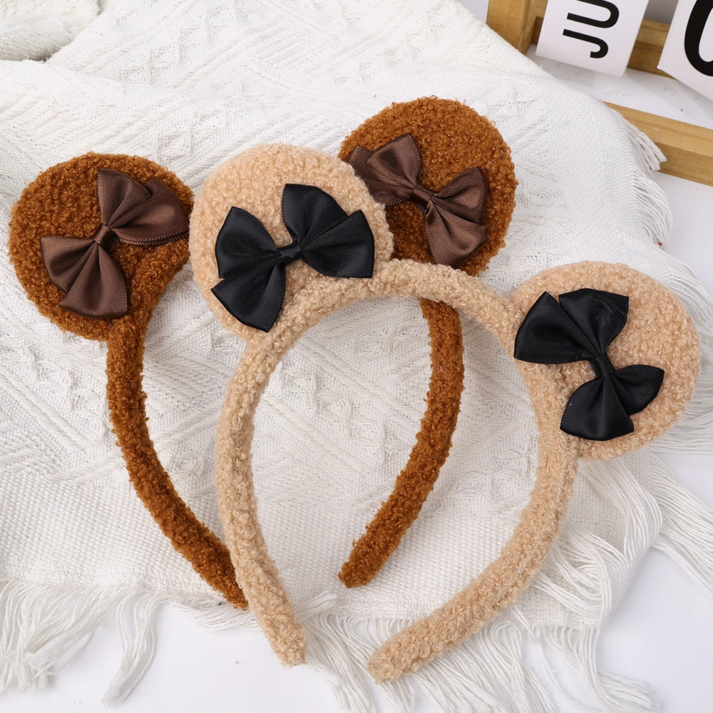 Fluffy Cute Bear Ears Bow Headband for Girls Spa Face cleaning Hairband Hair Hoops Plush Hairbands for Women Hair Accessories