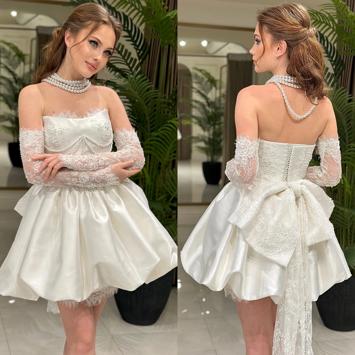 

2026 Strapless Short Wedding Dress Detachable Lace Long Sleeves Big Bow Back Pearl Beaded Satin Mini Bridal Gown VestiCustomized