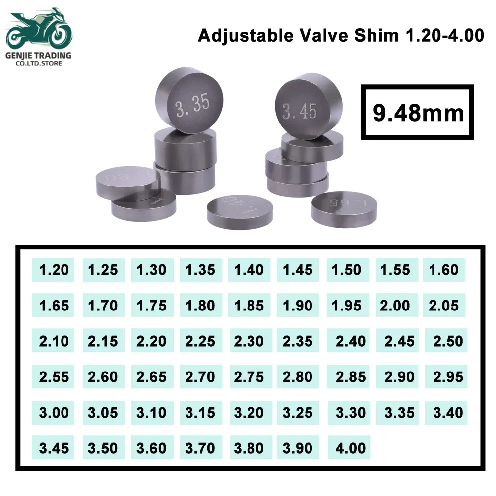 9.48mm 5pcs Motorcycle Engine Parts Adjustable 1.2-4.0mm Valve Shim Complete Refill Kit for Honda for Suzuki for Yamaha Kawasaki