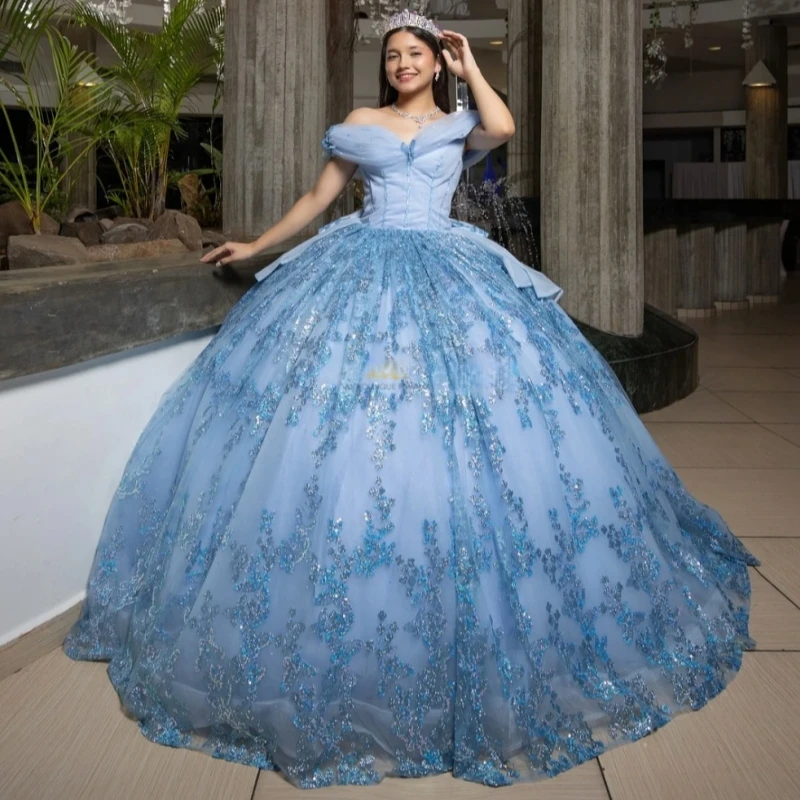 

Sky Blue Shiny Quinceanera Dresses Off The Shoulder Sequin Applique Lace Beads Bow Corset Tull Party Birthday Sweet 16 Dress