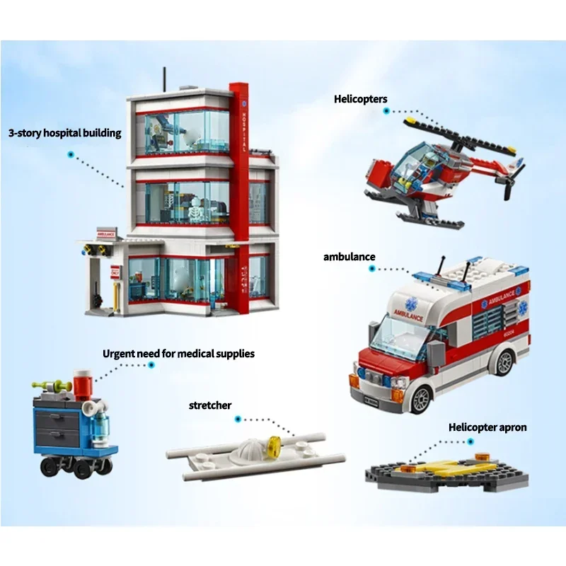 MOC مستشفى بناء المقر الرئيسي سيارة إسعاف الإنقاذ هليكوبتر اللبنات الإبداعية نموذج لعب الأطفال لغز هدايا الاطفال #5