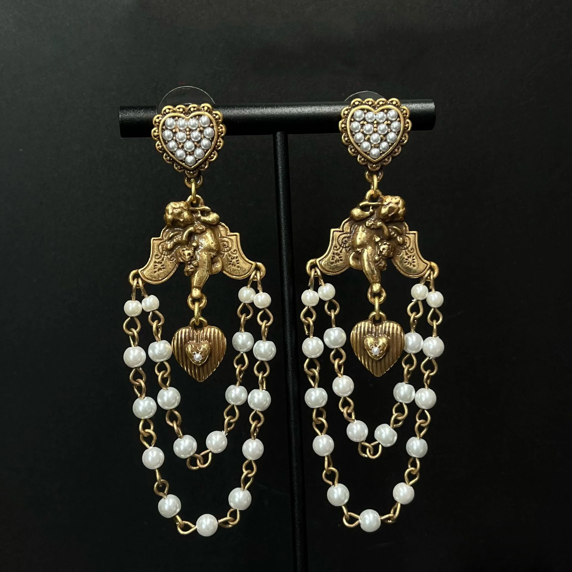 

Vintage Palace Style Dangle Earring Angel Pearl Love Tassel Retro Exaggerated Earrings For Women