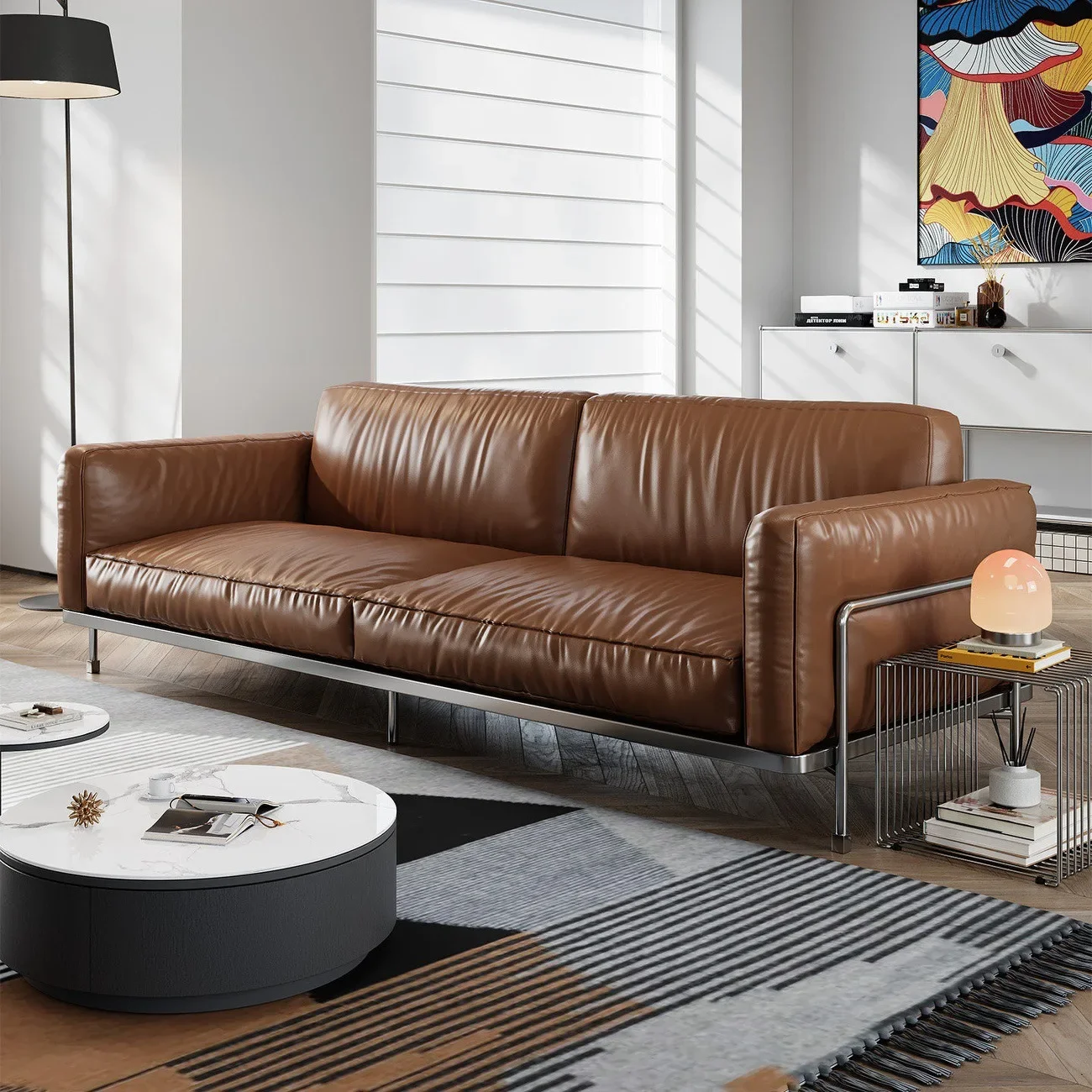 Corridor Sofa Retro Design Stainless Steel Metal Leather Office Sofal16