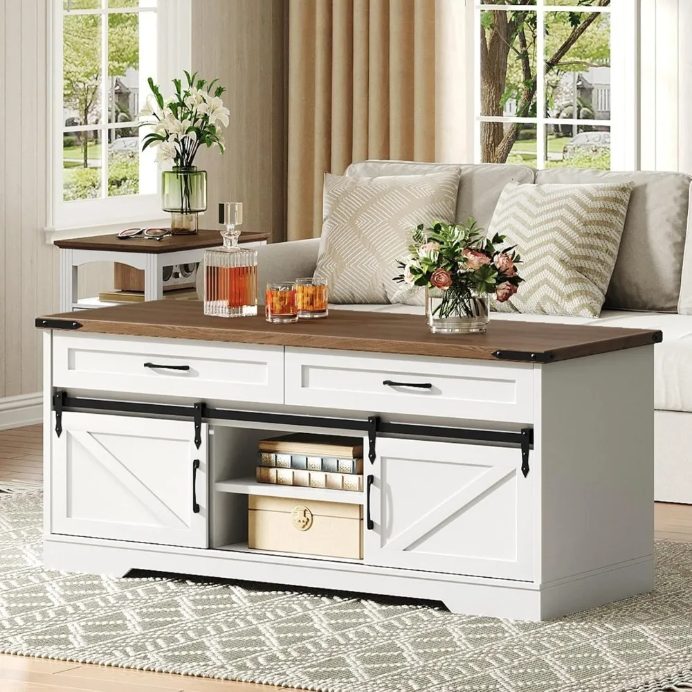 47 Farmhouse Coffee Table with Storage and 2 Drawers, Large Rustic Center Table with Sliding Barn Doors & Open Compartments, Woo