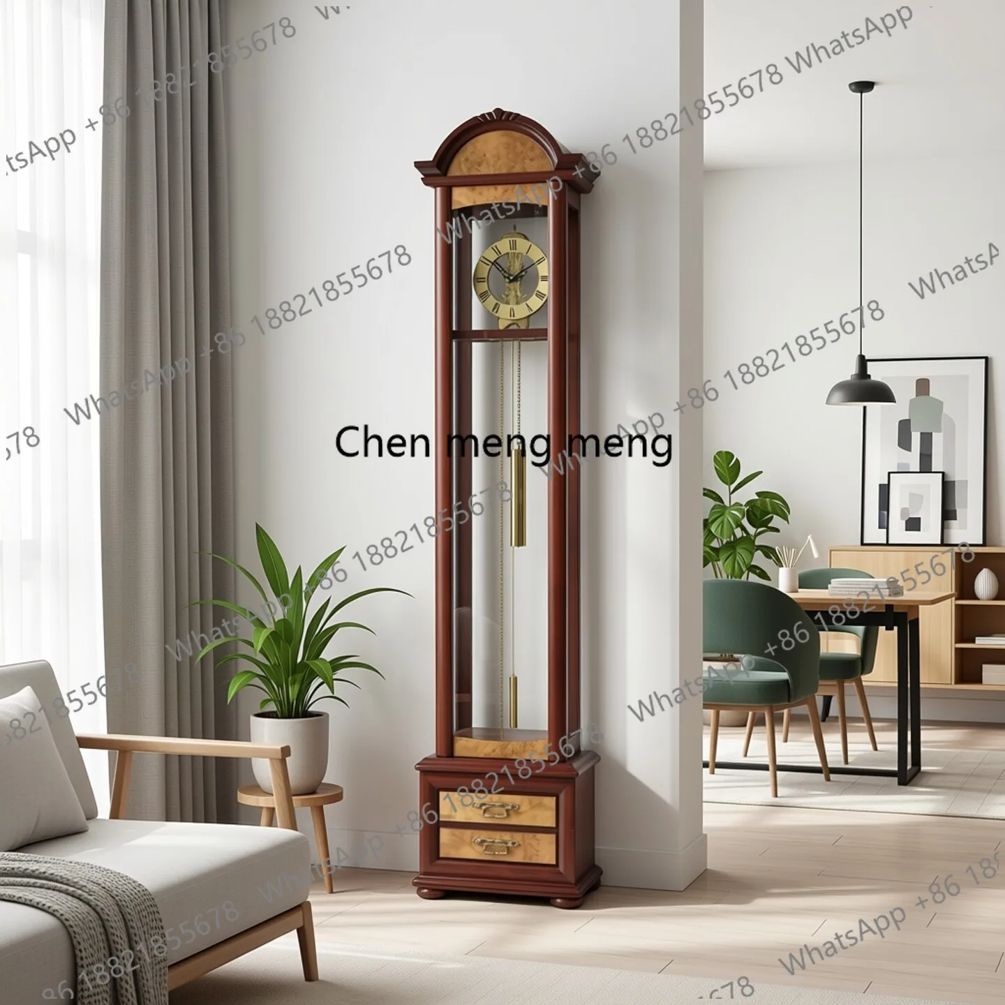 

Solid wood mechanical winding floor clock perspective movement seat clock living room swing clock simple modern Chinese style