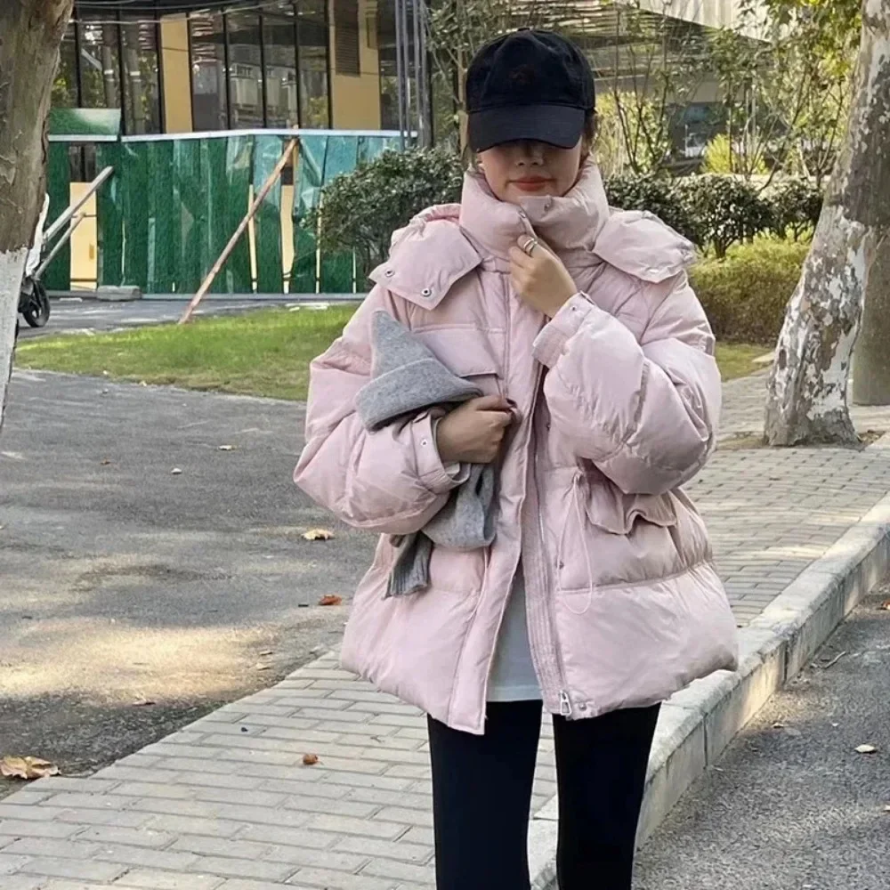 2024 New Winter Coat Female Women Jacket  Hooded Stand Collar Parkas Coat Drawstring White Duck Down Jacket Outerwears Fashion