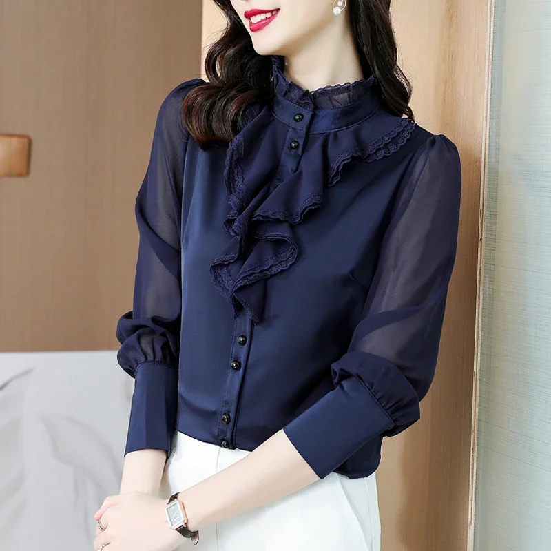 Fashion Long Sleeve Women Shirts Lace Chiffon Top Office Lady Elegant Dark Blue Blouses Ruffles