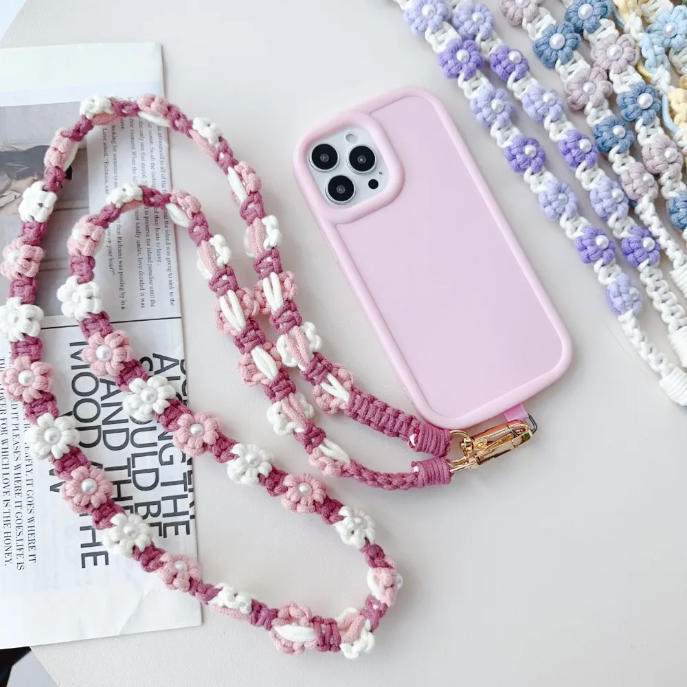 Fashion Sweet Cotton Cell Phone Strap Colourful Braided Flower Shoulder Strap Handmade Weaving Bag Chain Crossbody Bag Strap