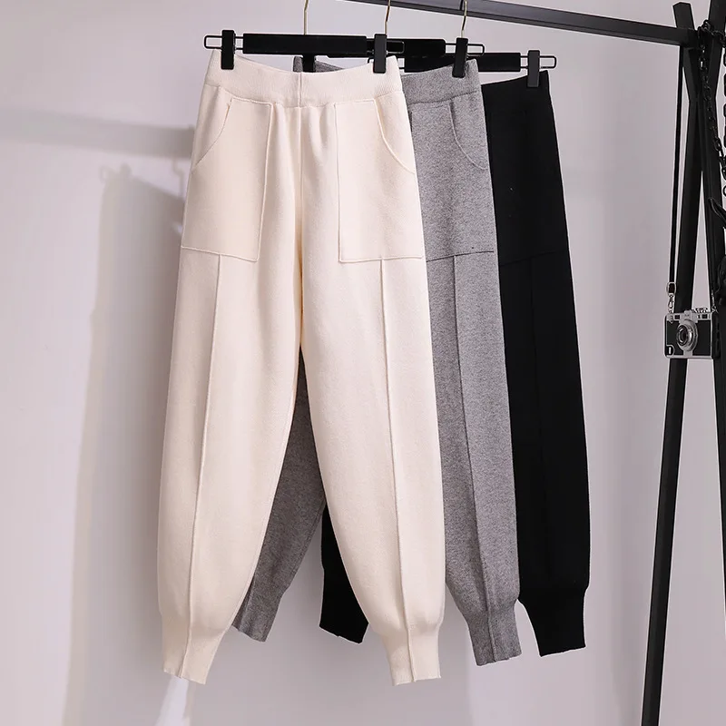 Women Harem Pant High Waist Ankle Length Knitted Jogger Pants Loose Trousers Solid Pockets Casual Work Splice Autumn Winter 2026