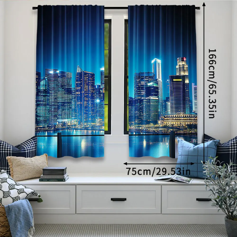 2Pcs Cityscape Curtain Big City Night Panorama From A Balcony With Skyscrapers For Bedroom Living Room And Dining Room A