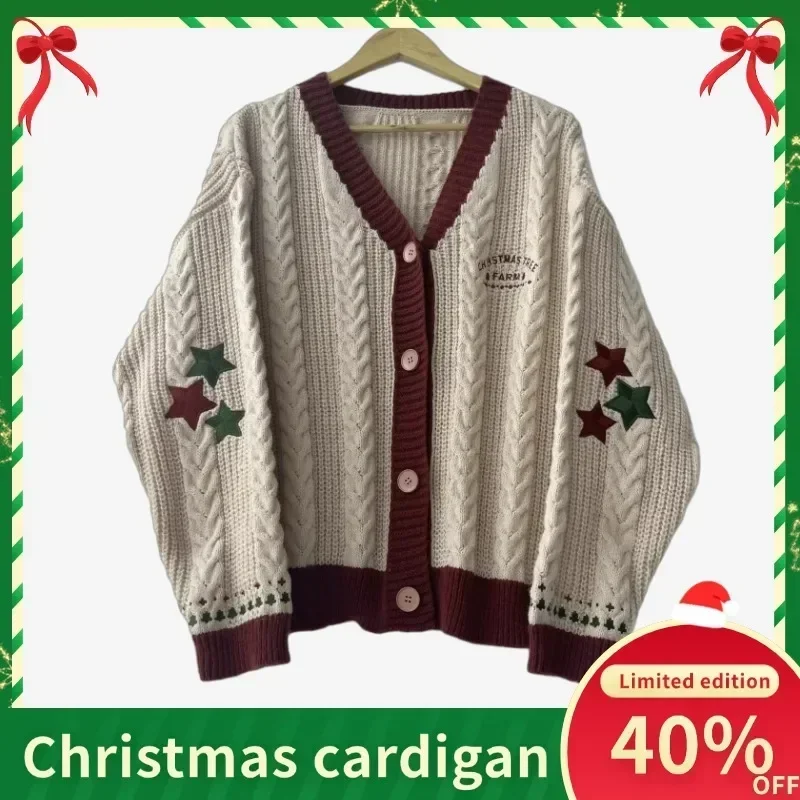 Cardigan de árvore de natal feminino quente outono inverno camisola com carta bordado férias malha cardigans topos presente de natal