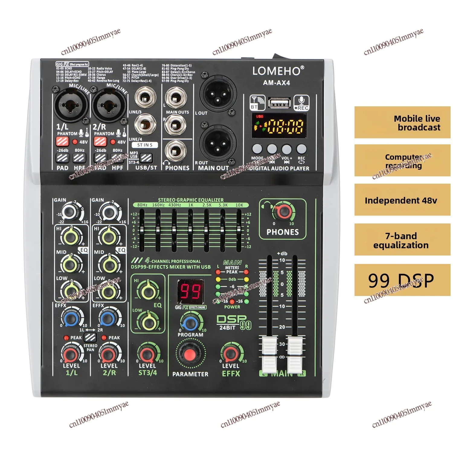 4/6/8 99DSP Small Mixer Mobile Phone Computer Live Broadcast 7-segment Equalization Independent + 48V Phantom Mixer