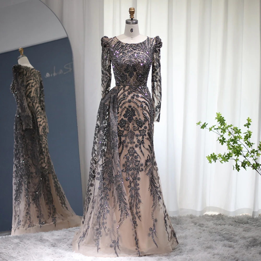 Sharon Said Dubai Schwer Kristallverziertes Übergrößen-Meerjungfrauenkleid in Braun mit Überrock für Damen, Formelles Abendkleid SS127 Maßanfertigung – Detail 10