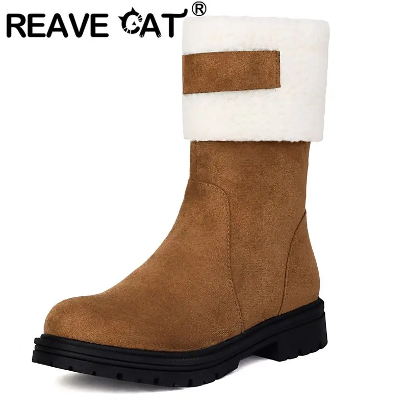 REAVE CAT Leisure Women Mid Calf Boots Round Toe Flats Flock Suede Zipper Mixed Color Plus Size 46 47 48 Warm Winter Snow Bota