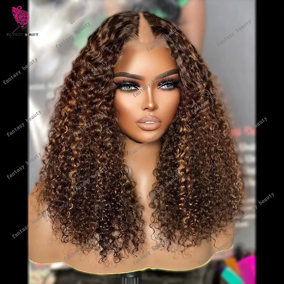 Highlight Chocolate Brown V Part Wigs Bouncy Curly Unprocessed Human Hair Honey Blonde Water Wave U Shape Wig Full End None Lace