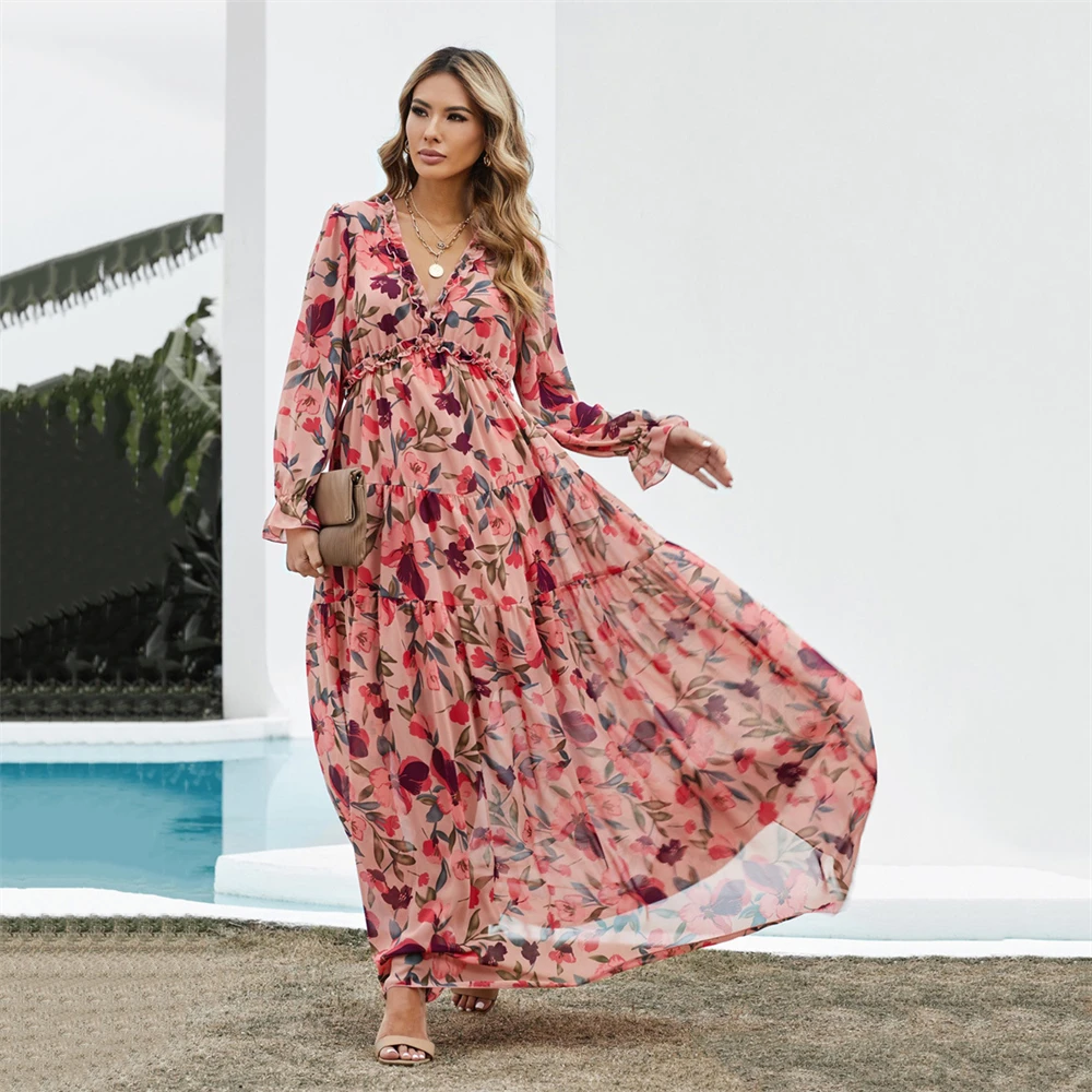 

Muslim Shi Ying's Floral Print Dress Is A Simple Summer Style For Women With A Deep V-neck, Ruffled Edges And Puffed Sleeves