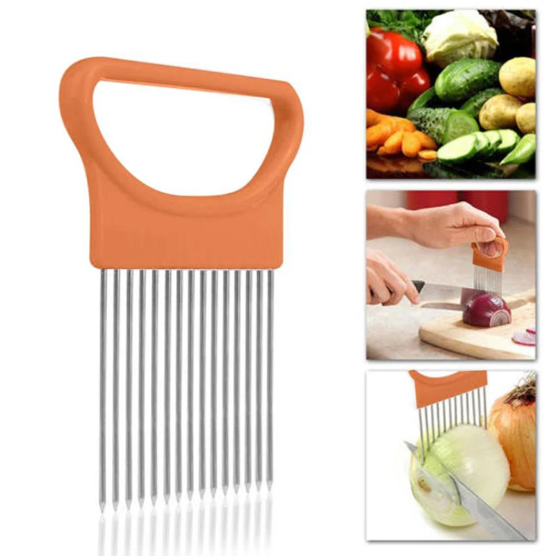 Stainless Steel Onion Needle Onion Fork Vegetables Fruit Slicer Tomato Cutter Knife Cutting Safe Aid Holder Kitchen Accessories