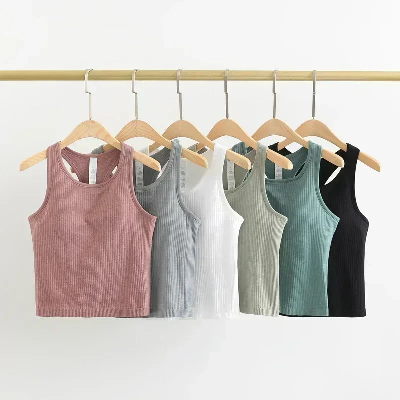 Lemon atasan Tank Top Yoga, baju atasan kebugaran tanpa lengan Cami, baju olahraga ramping bergaris Gym lari, rompi atasan Bra bawaan