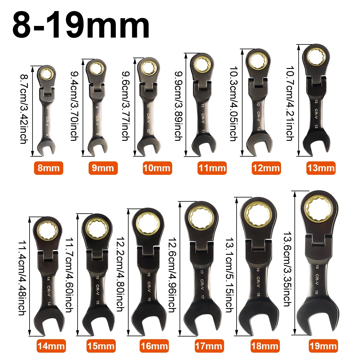 Stubby Ratcheting Combination Wrench Set, 8-19mm Metric Chrome Vanadium Steel Nickel Plated Ratchet Wrenches, 72-Teeth