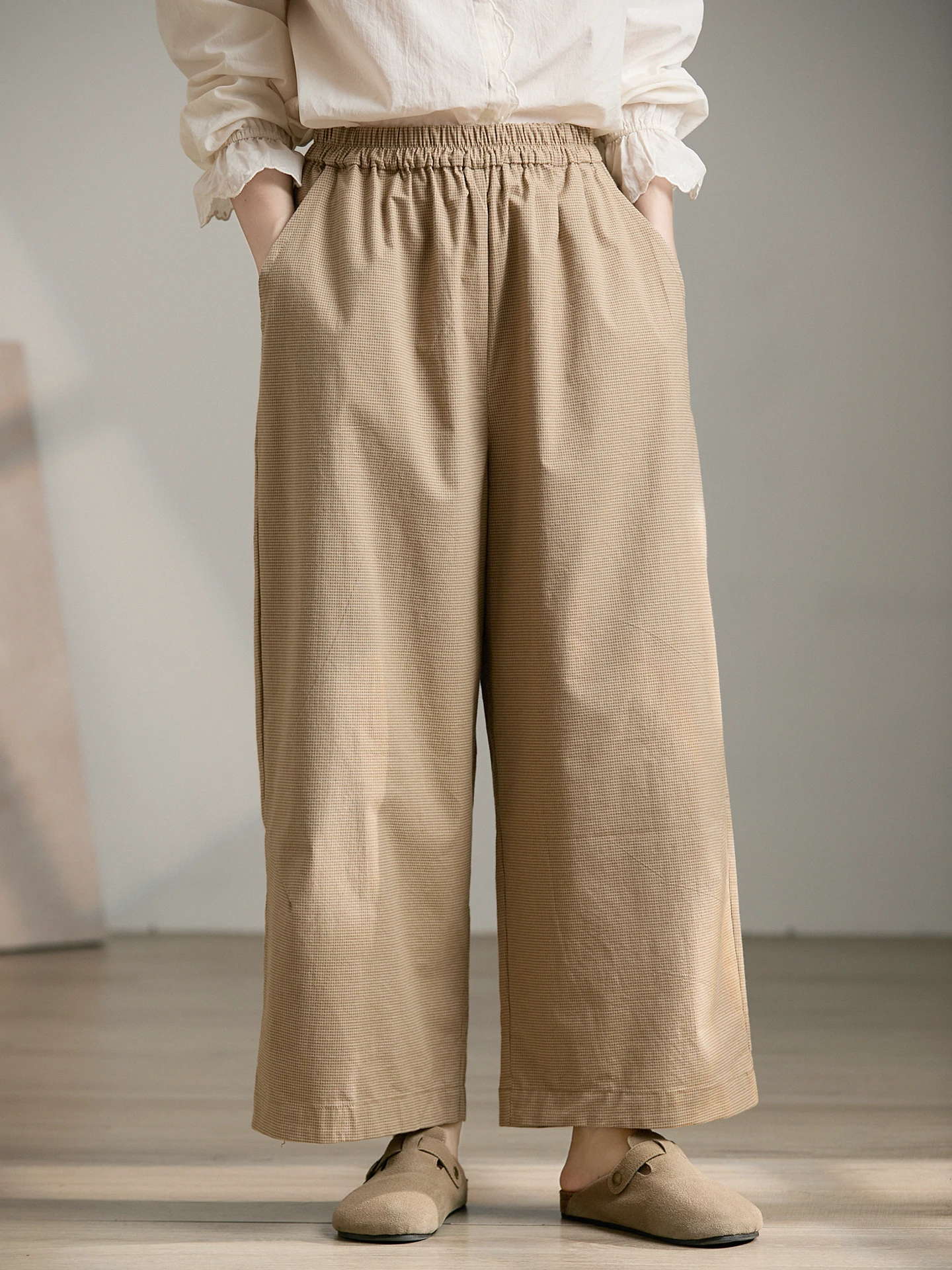 

Casual Wide Leg Pants Original Artistic Loose Plaid Nine Points Balloon Pants Elastic Waist Fine Grid Cotton Leisure Wide Leg...