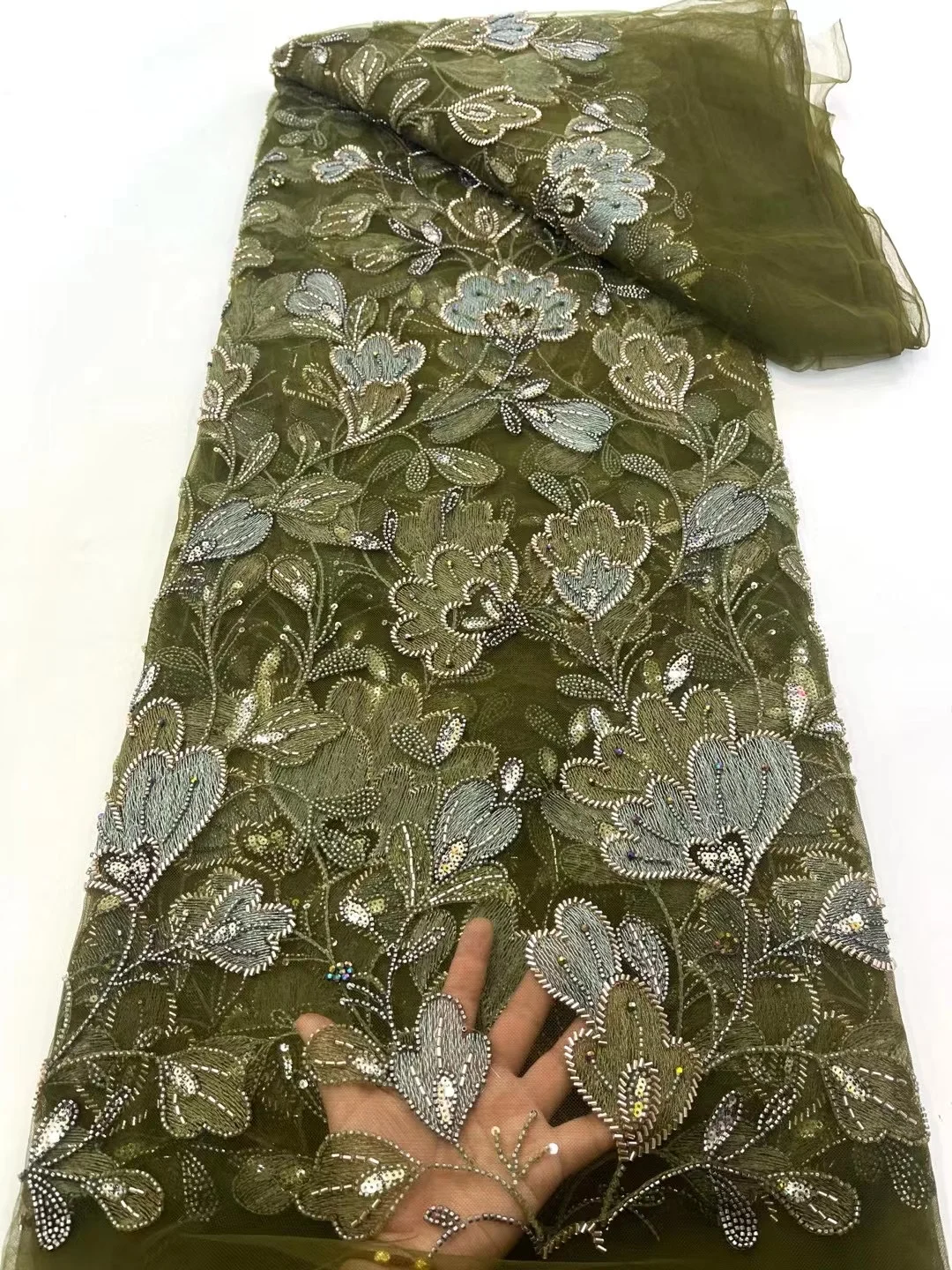 

African French Sequined Lace Fabrics 2025 High Quality Beaded Lace Nigerian Groom Embroidered Dress Material For Party Sewing