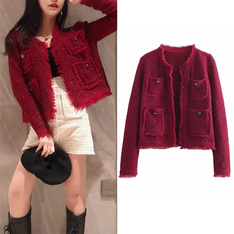 

Женская куртка 2026, весеннее новое поступление, красный кардиган с длинными рукавами и круглым вырезом с карманом, декор в светском стиле, модный и стильный