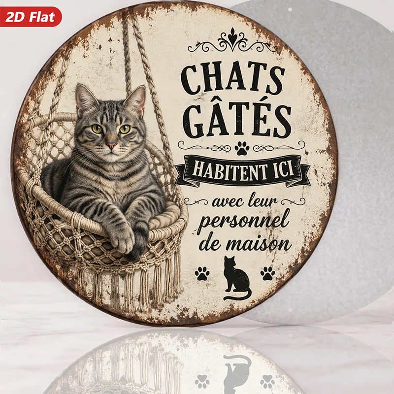 2D Flat, 1pc Round Metal Sign Wall Art, Cat - Themed Home Decor, Rustic Style, French - Text 