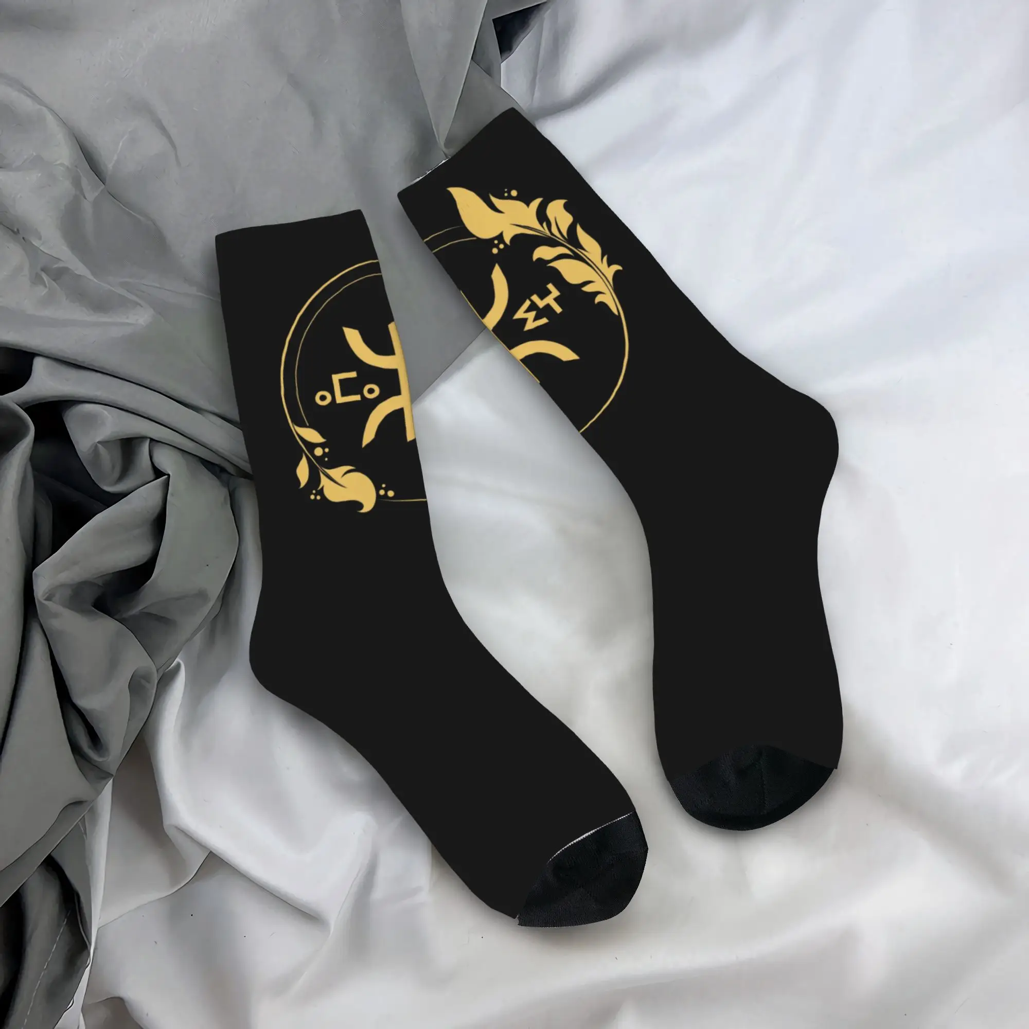 

Custom Novelty Amazigh Pride Tifinagh Patriotic Kabyle Dress Socks Breathbale Printed Traditional Geometric Amazigh Crew Socks