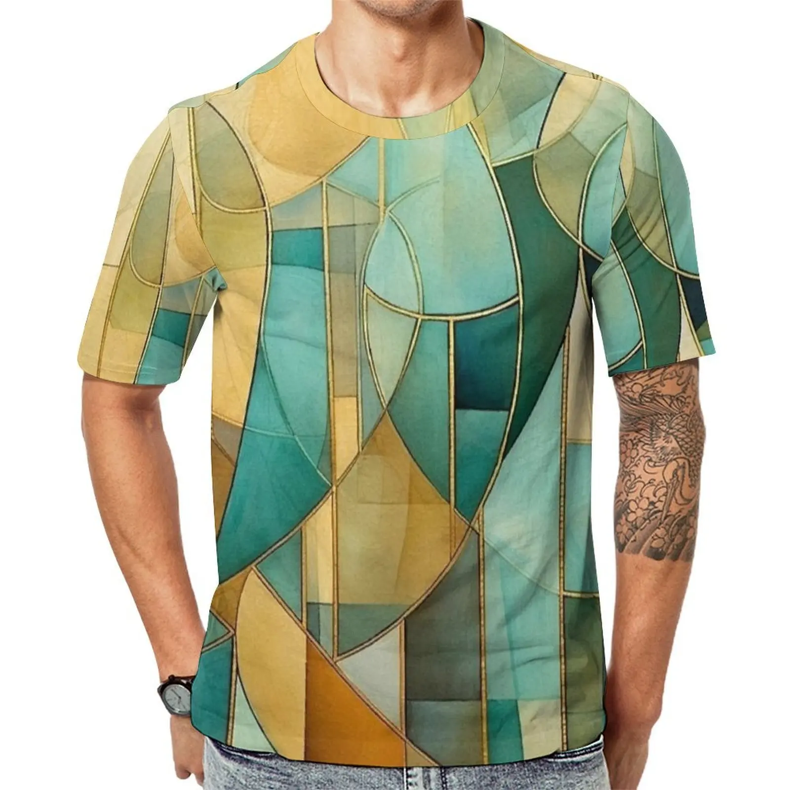 Stain Glass Geometric Abstract Print T-Shirt Hippie T-Shirts Male Streetwear Tshirt Original Short-Sleeve Clothing Big Size