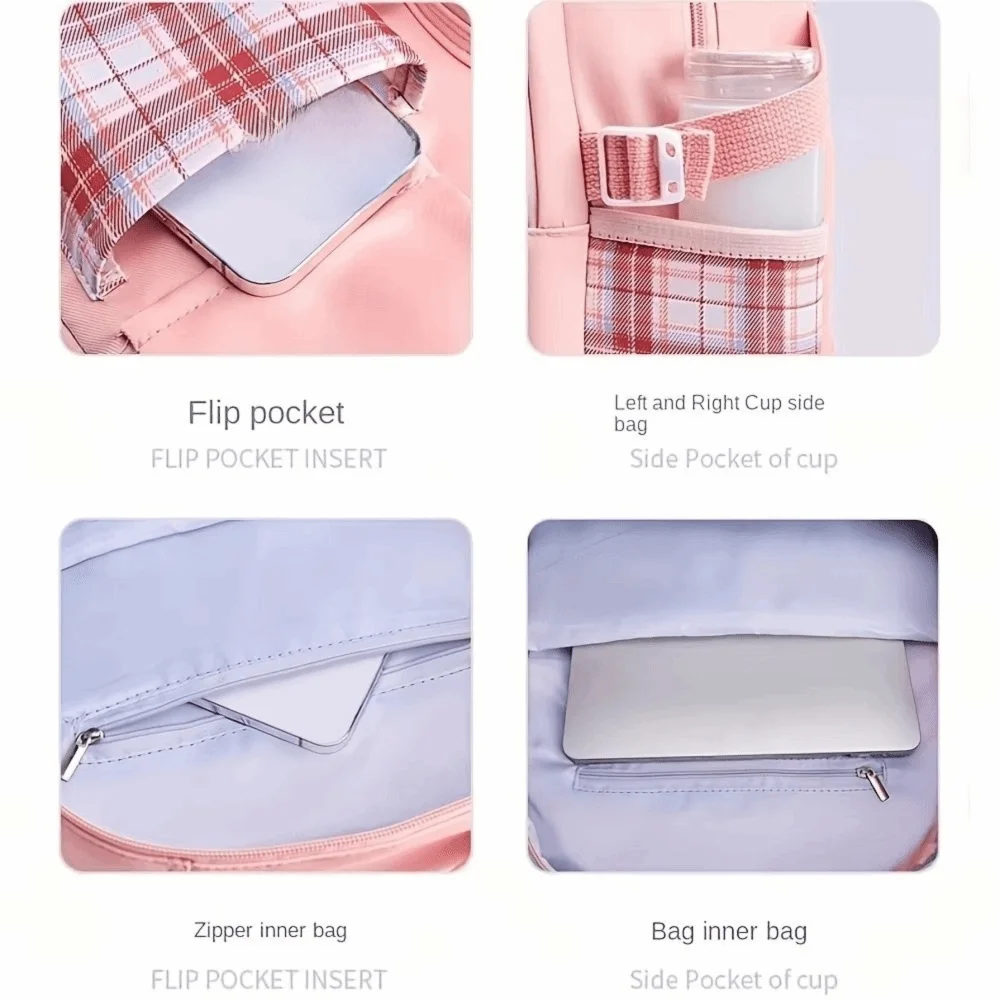 Cute Large Capacity School Backpack Plaid Bow Student Backpack Checkered Multiple Pockets Girls Backpack Schoolbag