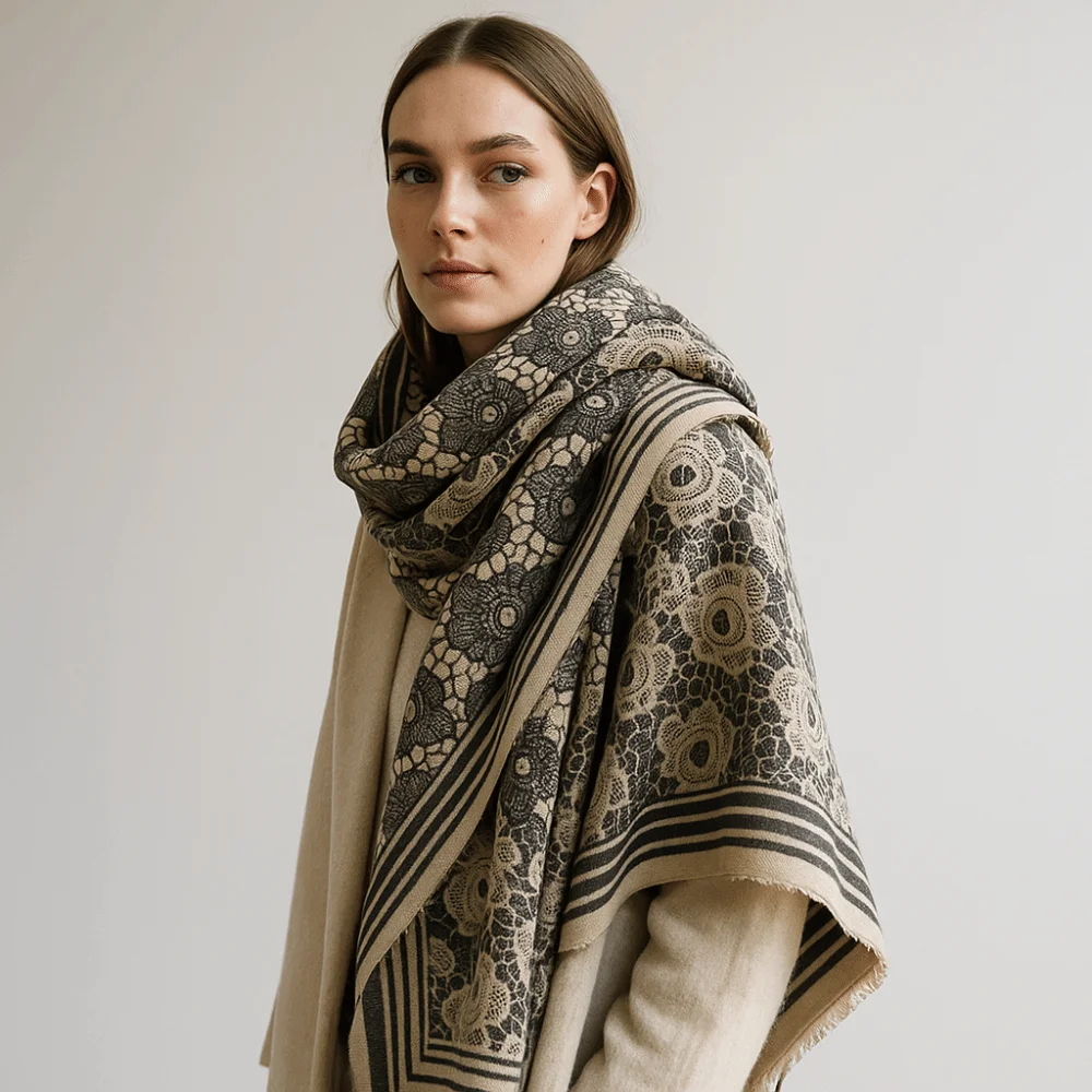 

Элегантный роскошный шарф из искусственного кашемира, двусторонний цветочный узор, зимняя шаль, толстое теплое ветрозащитное одеяло, шарф, зимний сезон