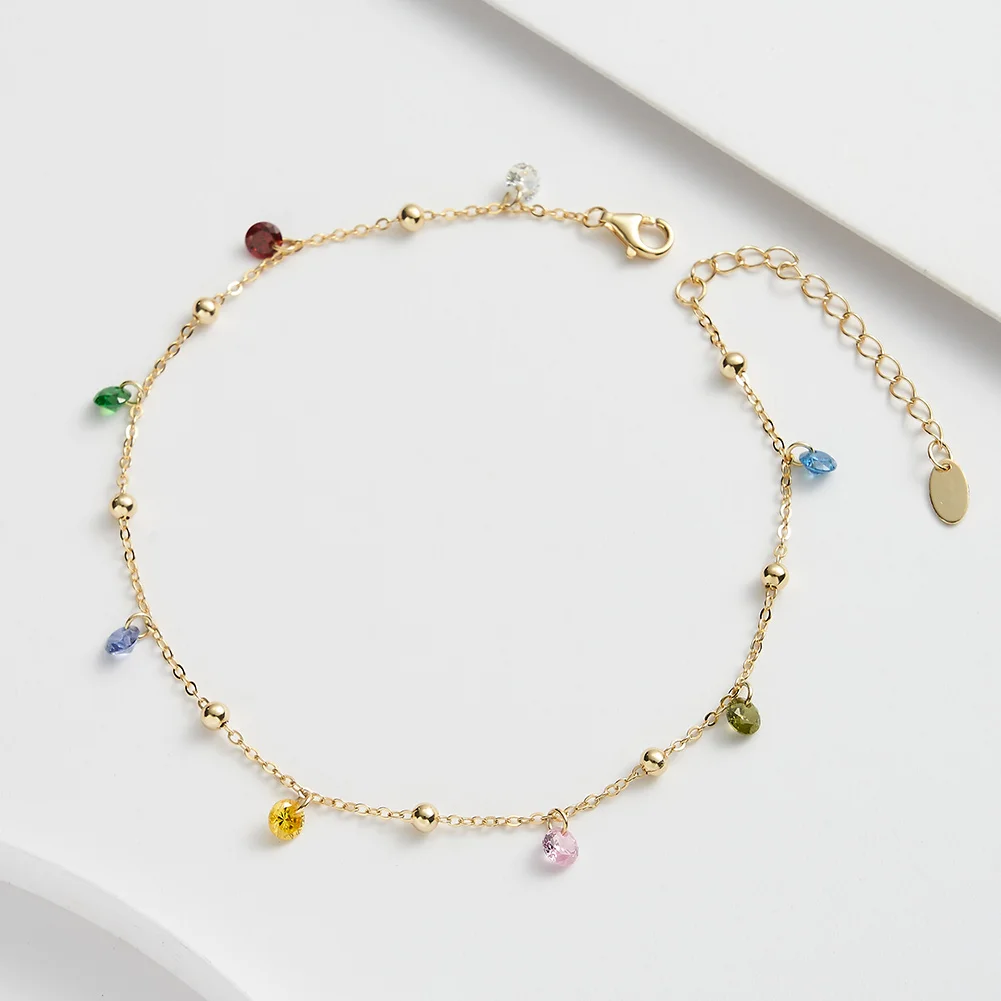 KISS MANDY 100% 925 Sterling Silver Colorful Zircon Anklet Original 14K Gold Plated Summer CZ Foot Chain Bracelet Jewelry SA93