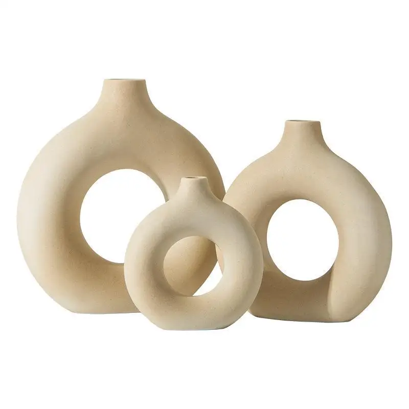 Donut Ceramic Vase Round Hollow Flower Pots Decorative Arrangement Beige/white Porcelain Vases Nordic Home Decor Modern