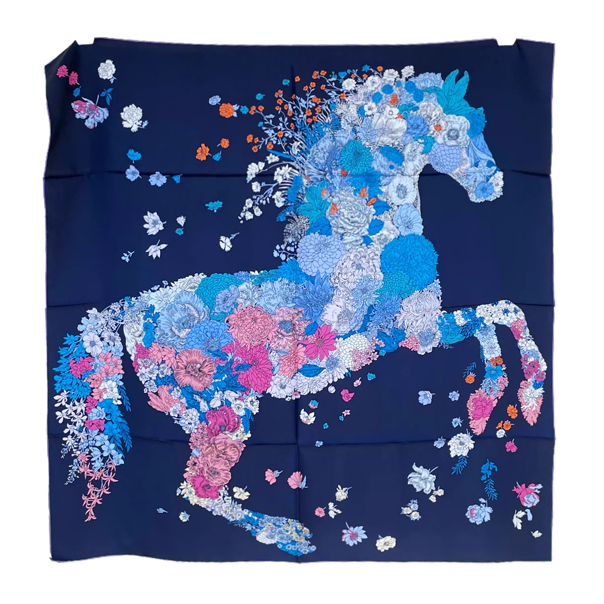 

Spring Square Silk Scarf Blue Horse Large Rolled Edges Shawls Women Natural Mulberry Silk Scarves Head Neck Hair Foulard 90cm