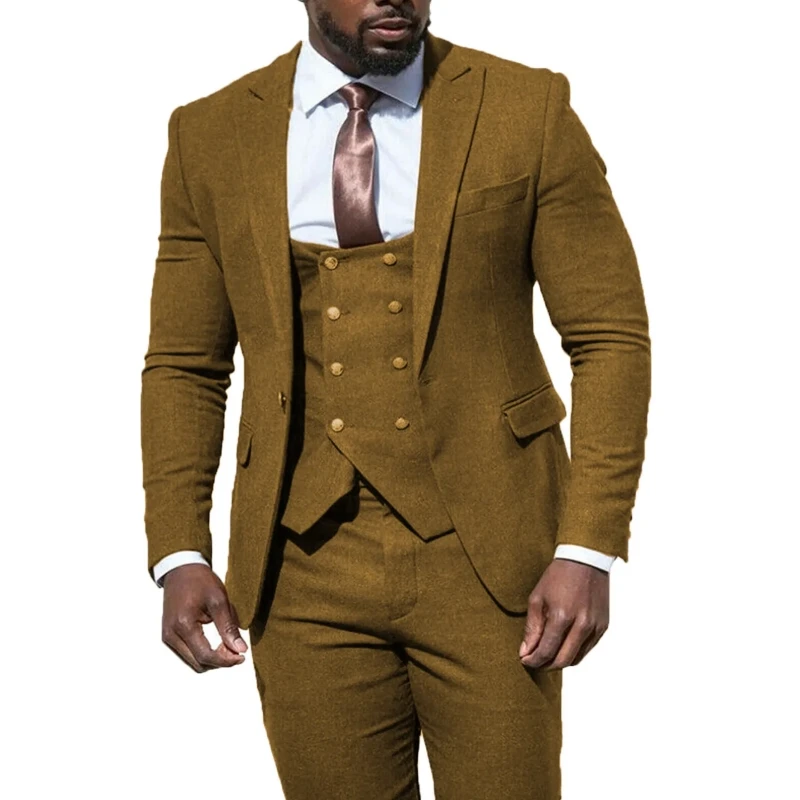 

Lansboter Men Suit Brown Slim 3 Pieces Solid Double Button Fit Business Banquet Wedding Groom Suit Jacket Vest With Pants