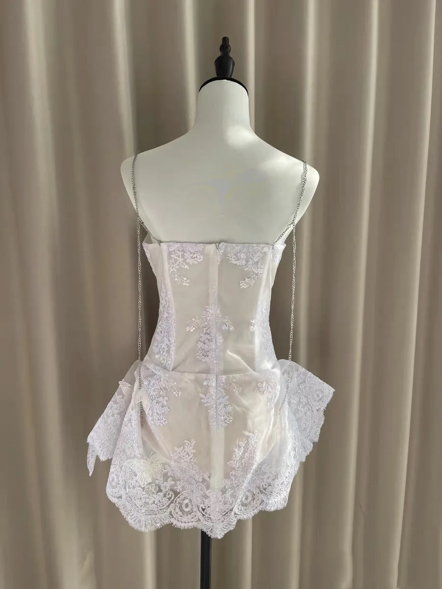 Sexy Lace Spaghetti Strap See Through Flower Dress for Women 2025 Summer High Waist Bodycon Mini Dresses Casual Holiday Outfits