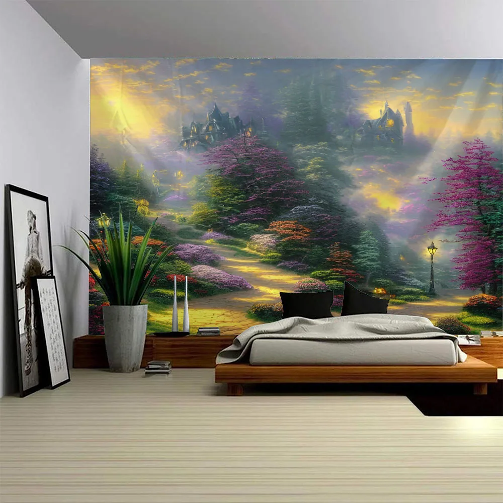Vintage Dreamy Forest Castle Landscape Oil Painting Tapestry Fabric Wall Hanging for Bedroom Living Room Homestay Decor