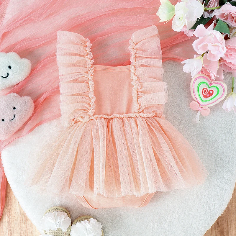 Summer Baby Clothing Girls Romper Princess Ruffles Lace Mesh Bowknot Jumpsuits Tulle Skirts Headband For Newborn Clothes